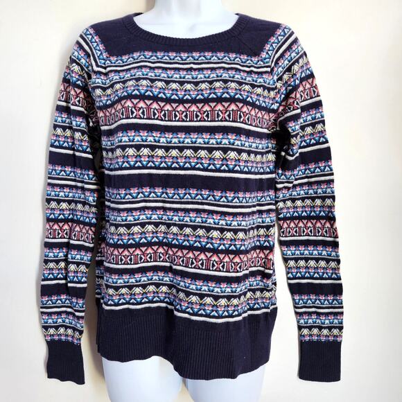 Vintage Merona Women's Knit Sweater Size L Dark Blue Fair Isle Pattern Casual - Picture 1 of 8